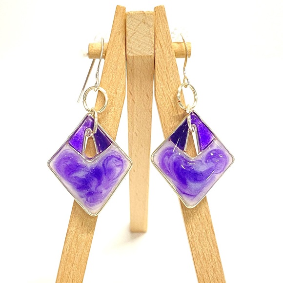HANDMADE Abstract Geometric Resin Art Dangle Sterling Silver French Hook Earring - Picture 4 of 9